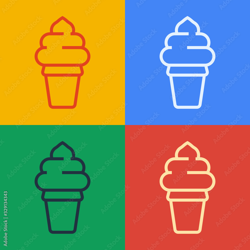 Pop art line Ice cream in waffle cone icon isolated on color background. Sweet symbol. Vector Illust