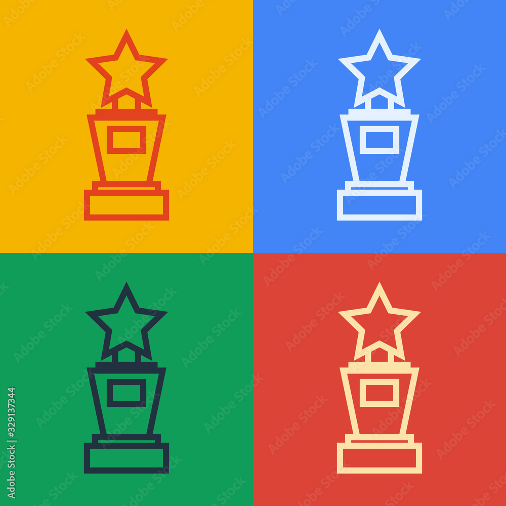 流行艺术线条奖奖杯图标在彩色背景上隔离。获胜者奖杯符号。锦标赛或比赛