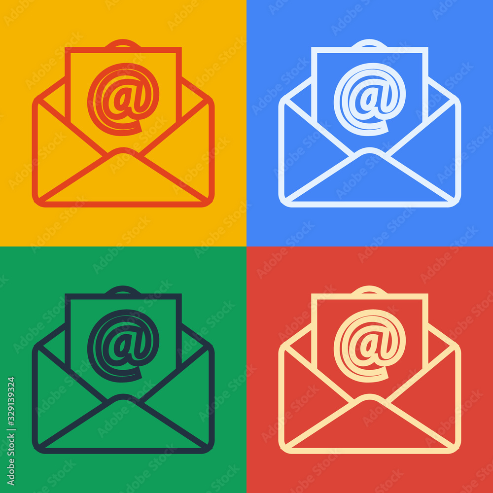 彩色背景上隔离的弹出艺术线条邮件和电子邮件图标。信封符号电子邮件。电子邮件信息