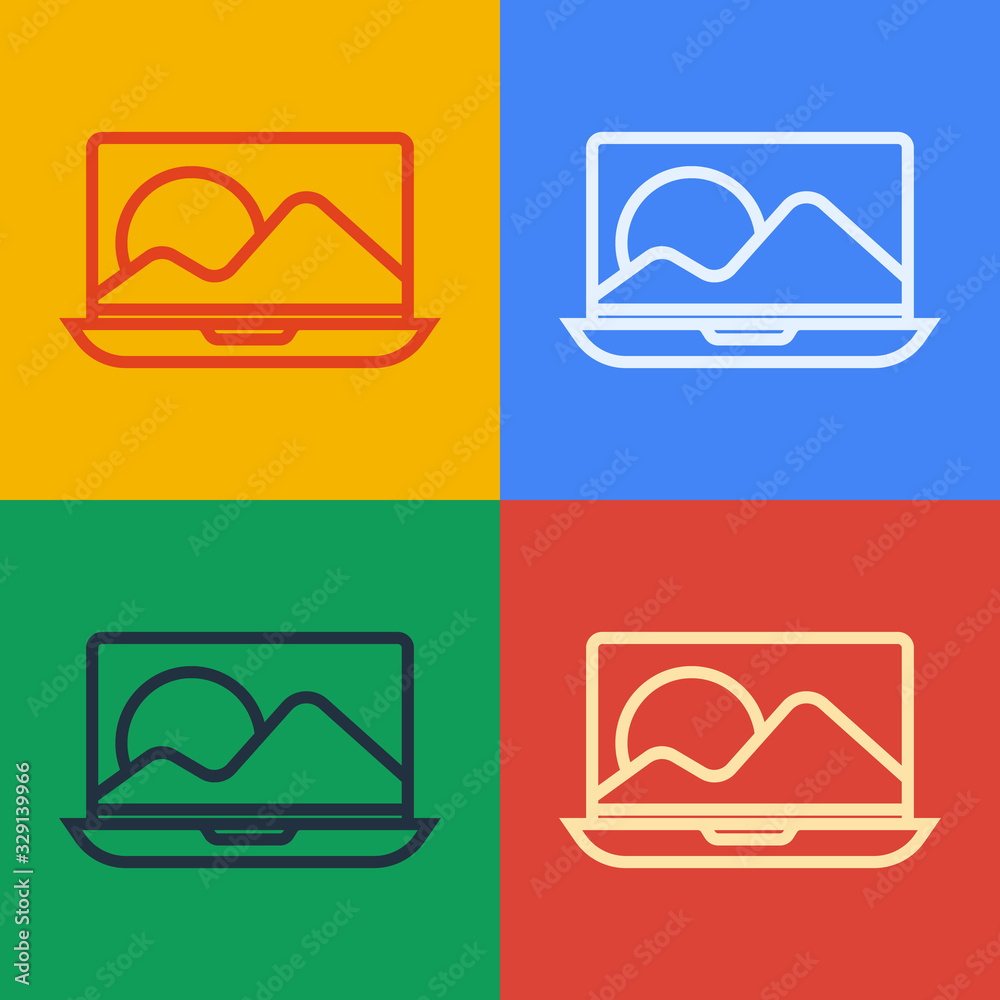 Pop art line Laptop icon isolated on color background. Computer notebook with empty screen sign. Vec