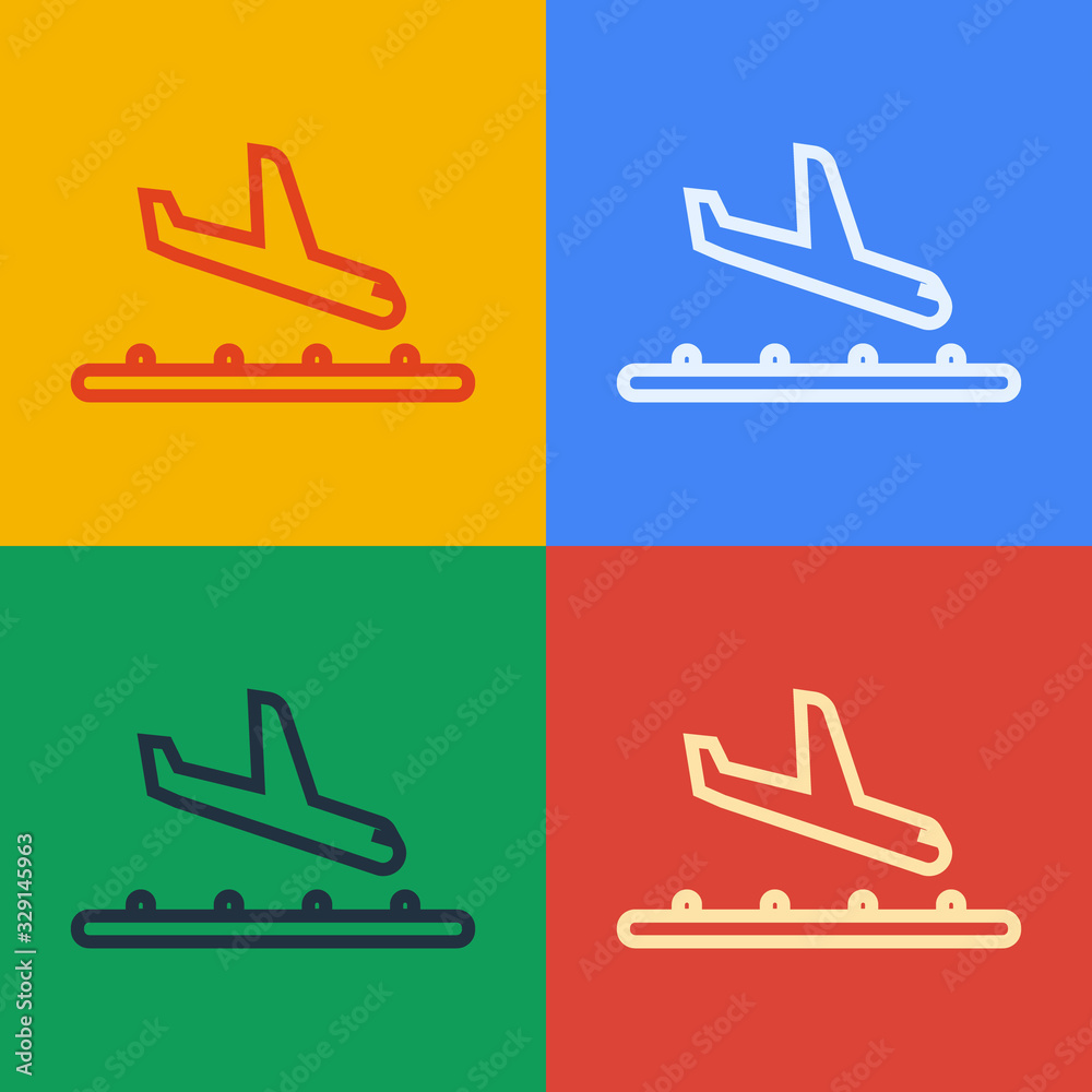 Pop art line Plane landing icon isolated on color background. Airplane transport symbol. Vector Illu