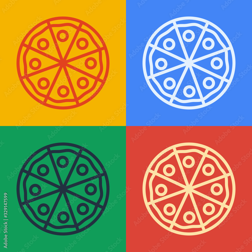 流行艺术线披萨图标隔离在彩色背景上。快餐菜单。矢量插图