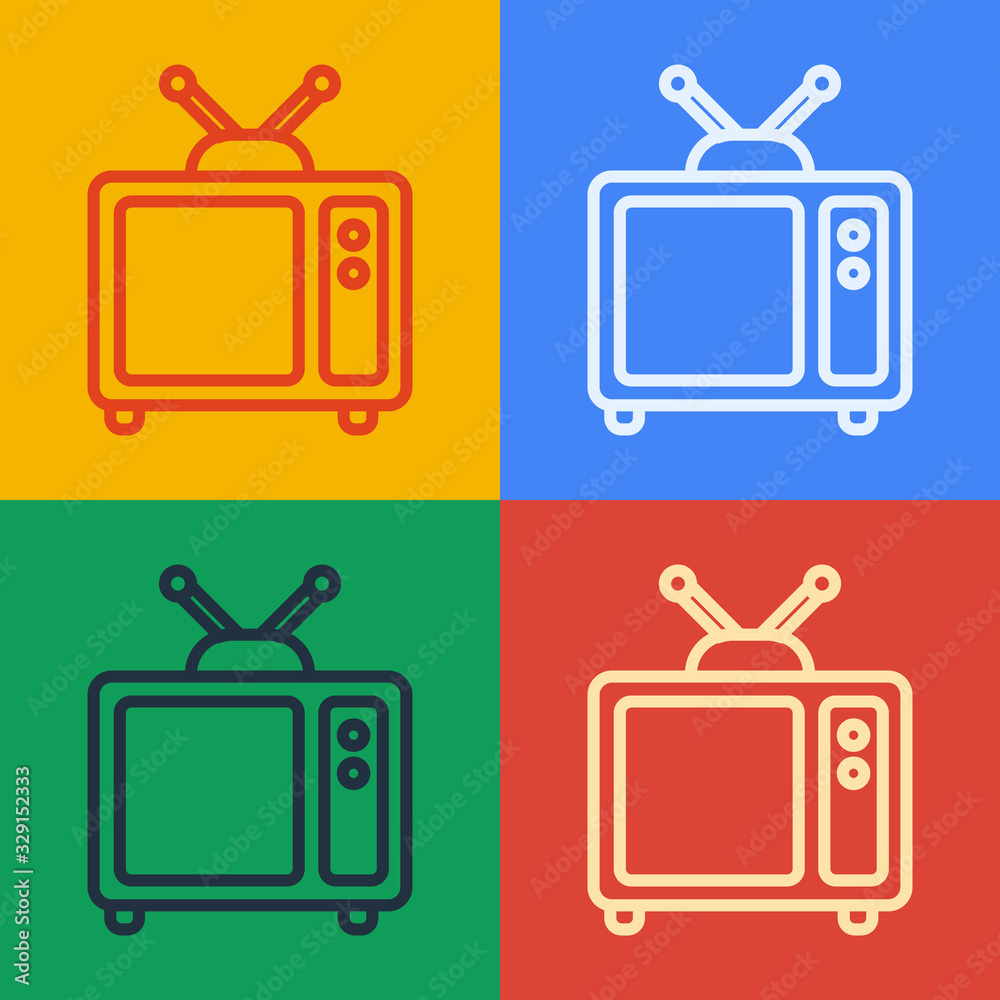 流行艺术线条复古电视图标隔离在彩色背景上。电视标志。矢量插图