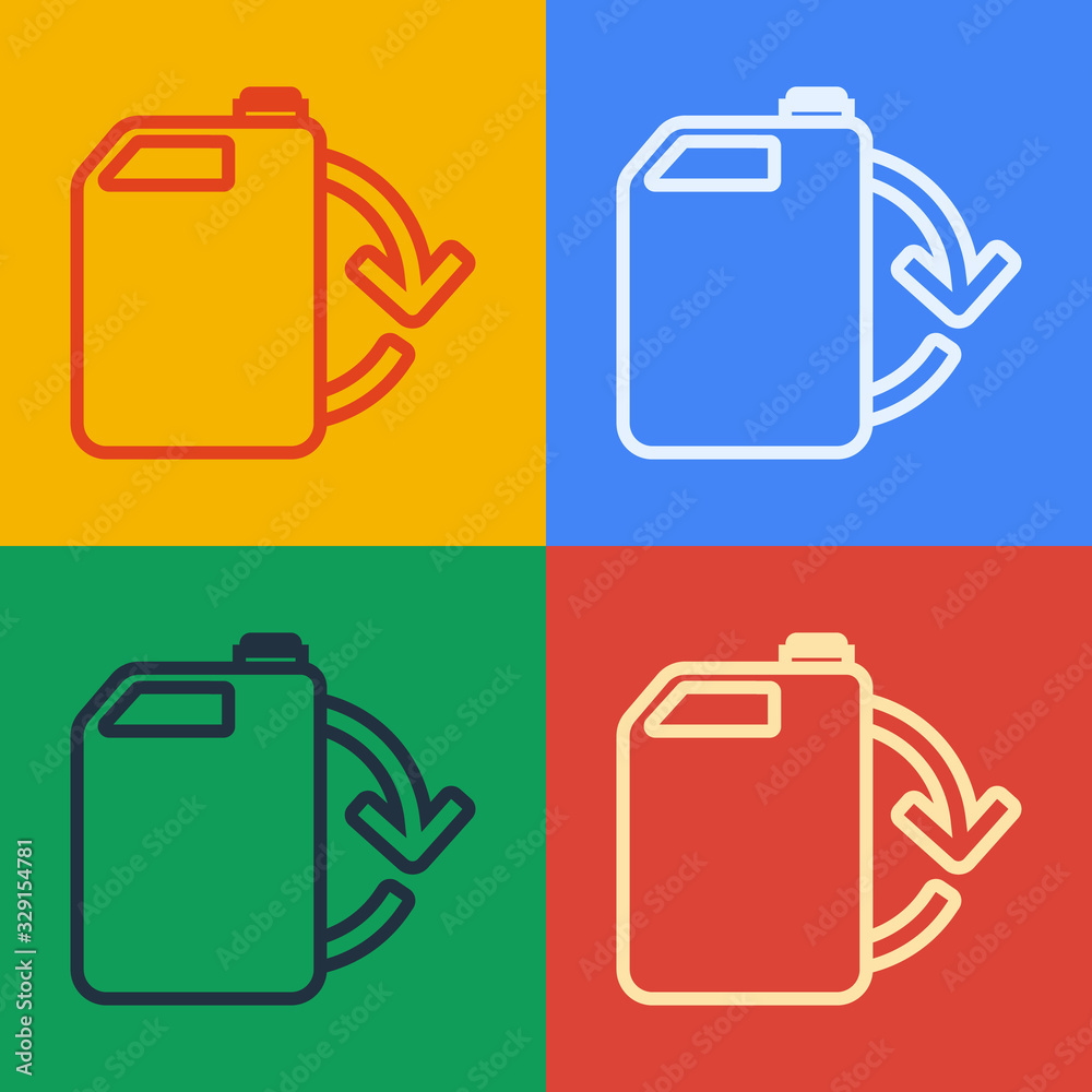 流行艺术线条环保燃料罐图标在彩色背景上隔离。环保生物和桶。绿色环境