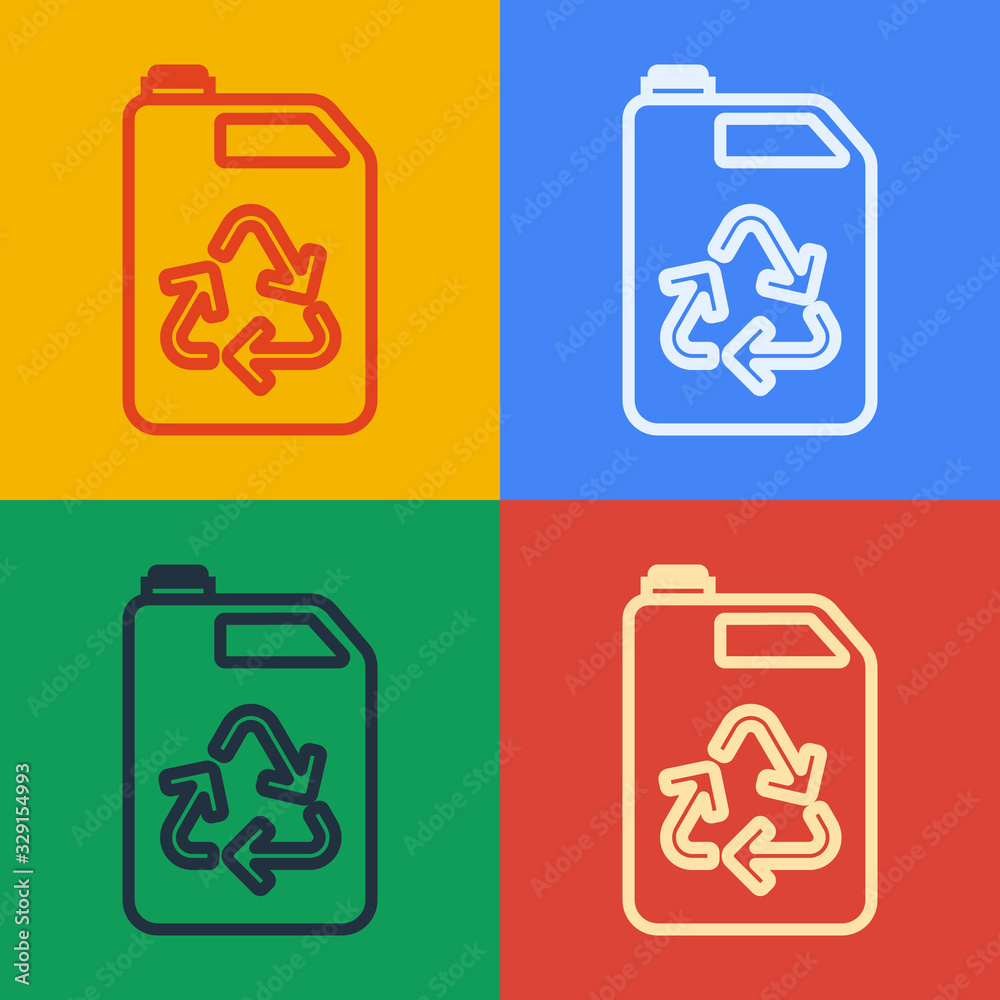 流行艺术线条环保燃料罐图标在彩色背景上隔离。环保生物和桶。绿色环境
