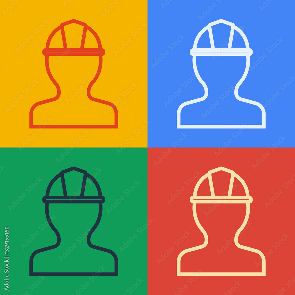 流行艺术线条工人安全帽图标隔离在彩色背景上。矢量插图