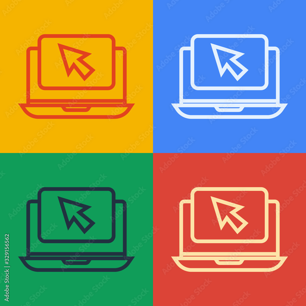 流行艺术线笔记本电脑和光标图标隔离在彩色背景上。电脑笔记本电脑有空屏幕