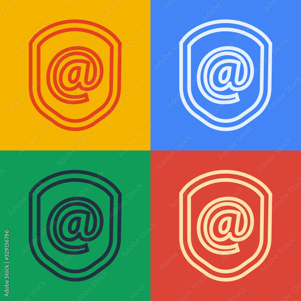 流行艺术线屏蔽，邮件和电子邮件图标隔离在彩色背景上。防护标志。安全，sa