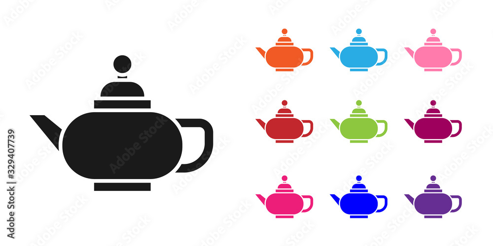 黑色中国传统茶道图标，白底隔离。带杯子的茶壶。设置图标