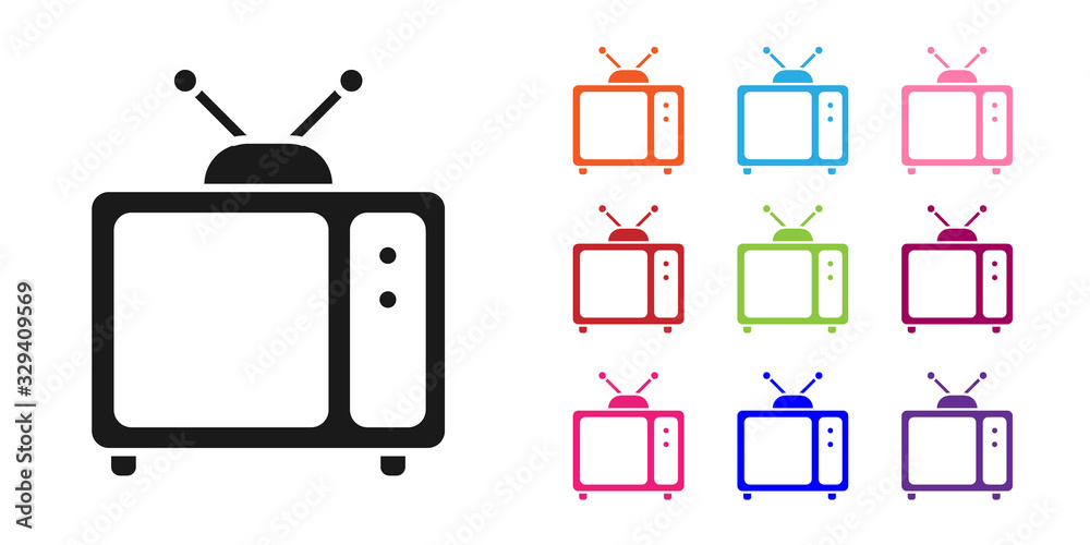 黑色复古电视图标隔离在白色背景上。电视标志。设置彩色图标。矢量照明