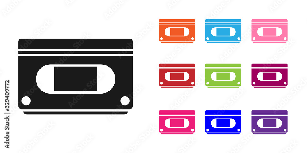 黑色VHS盒式磁带图标隔离在白色背景上。将图标设置为彩色。Vector Illustra