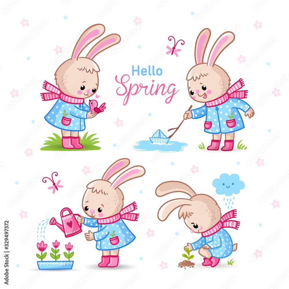 春天主题的可爱兔子矢量集。各种姿势的动物插图。