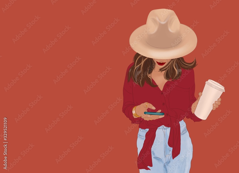 一位年轻时尚的女士穿着鲜艳的衬衫，戴着帽子，拿着手机站着