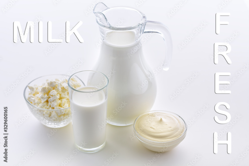Fresh milk on a white background. Cottage cheese, Milk, Sour cream, fresh products. Fresh sour cream