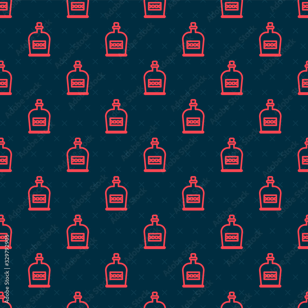 红线酒精饮料朗姆酒瓶图标在黑色背景上隔离无缝图案。Vector Illustr