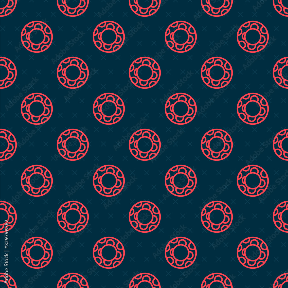 Red line Rubber swimming ring icon isolated seamless pattern on black background. Life saving floati