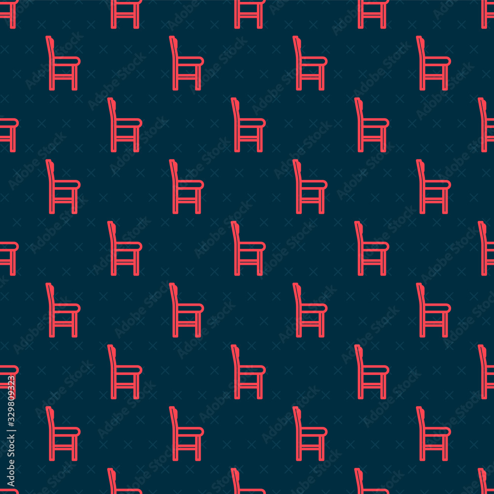 Red line Chair icon isolated seamless pattern on black background. Vector Illustration