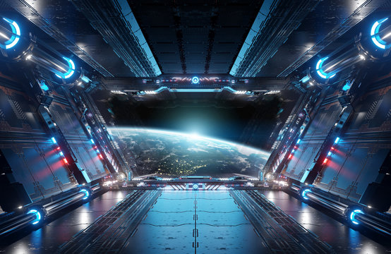 蓝色和红色的未来宇宙飞船内部，地球上的窗户视图3d渲染