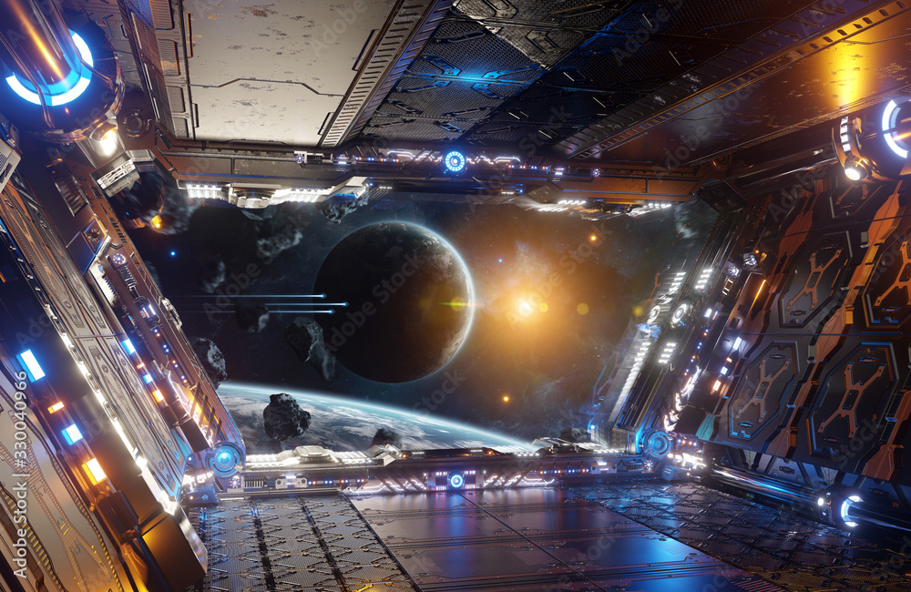 橙色和蓝色的未来宇宙飞船内部，可通过窗户观看遥远行星系统的三维效果图