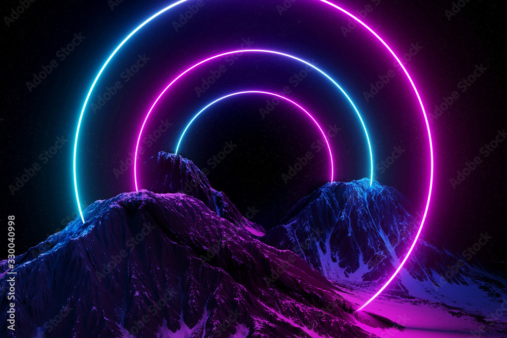 蓝色和粉色霓虹灯圆圈反射在雪山上的抽象背景3D渲染