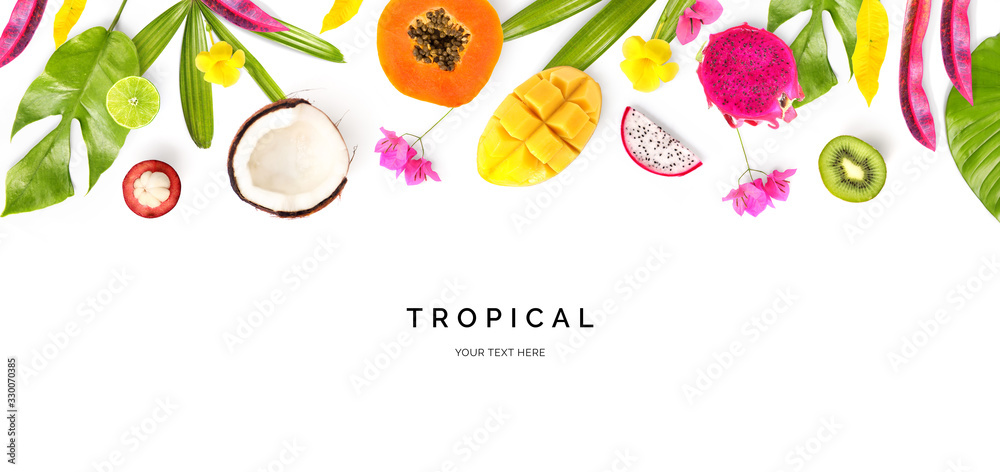 由椰子、木瓜、火龙果、酸橙、猕猴桃、芒果、山竹和热带lea制成的创意布局