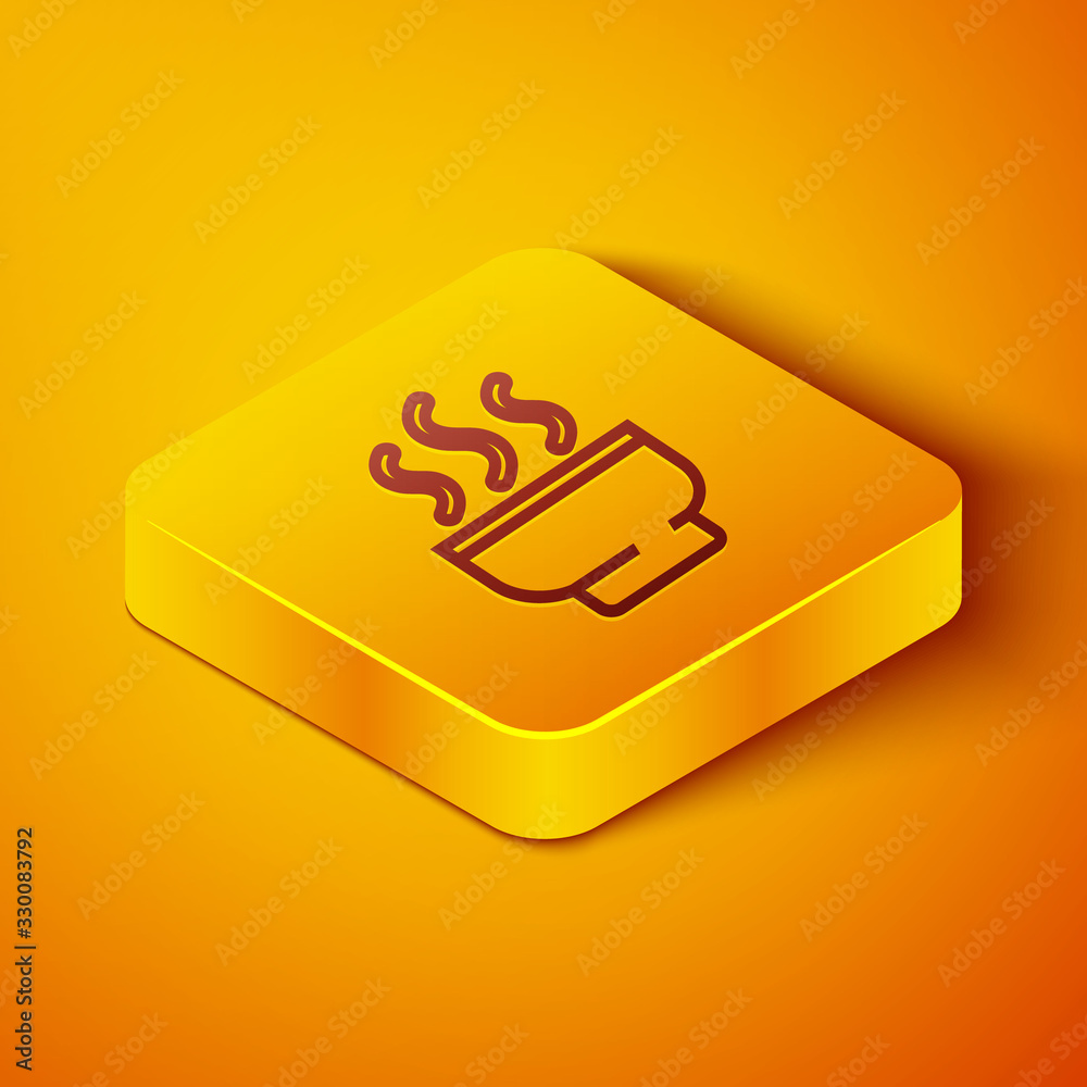 Isometric line Traditional Chinese tea ceremony icon isolated on orange background. Teapot with cup.