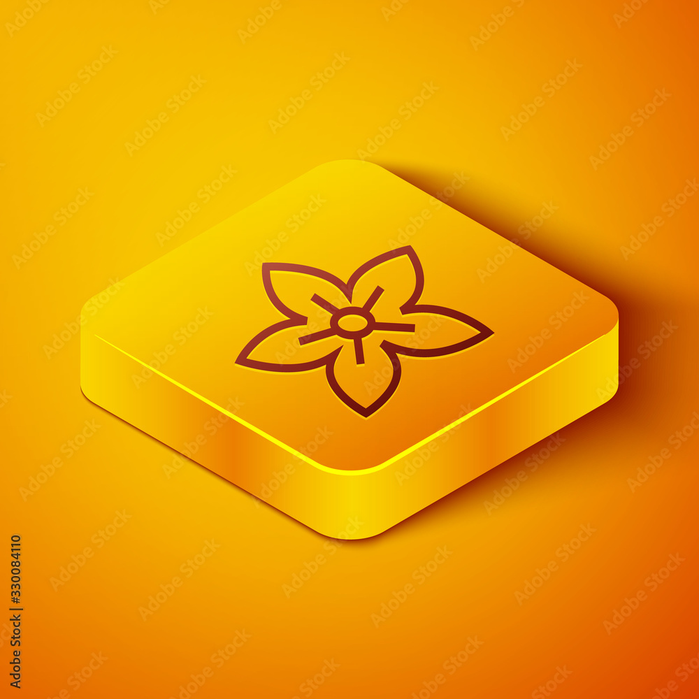Isometric line Lotus flower icon isolated on orange background. Yellow square button. Vector Illustr