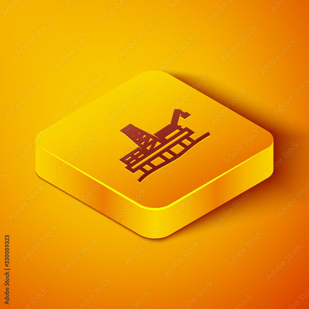 Isometric line Oil platform in the sea icon isolated on orange background. Drilling rig at sea. Oil 