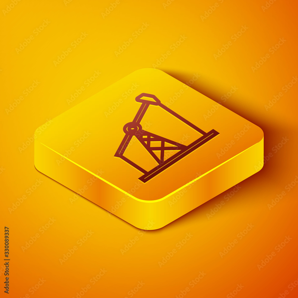 Isometric line Oil pump or pump jack icon isolated on orange background. Oil rig. Yellow square butt