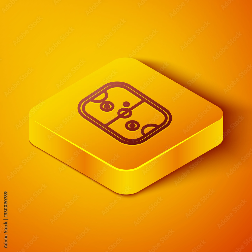等距线，橙色背景上隔离的冰球桌图标。黄色方形按钮。矢量III