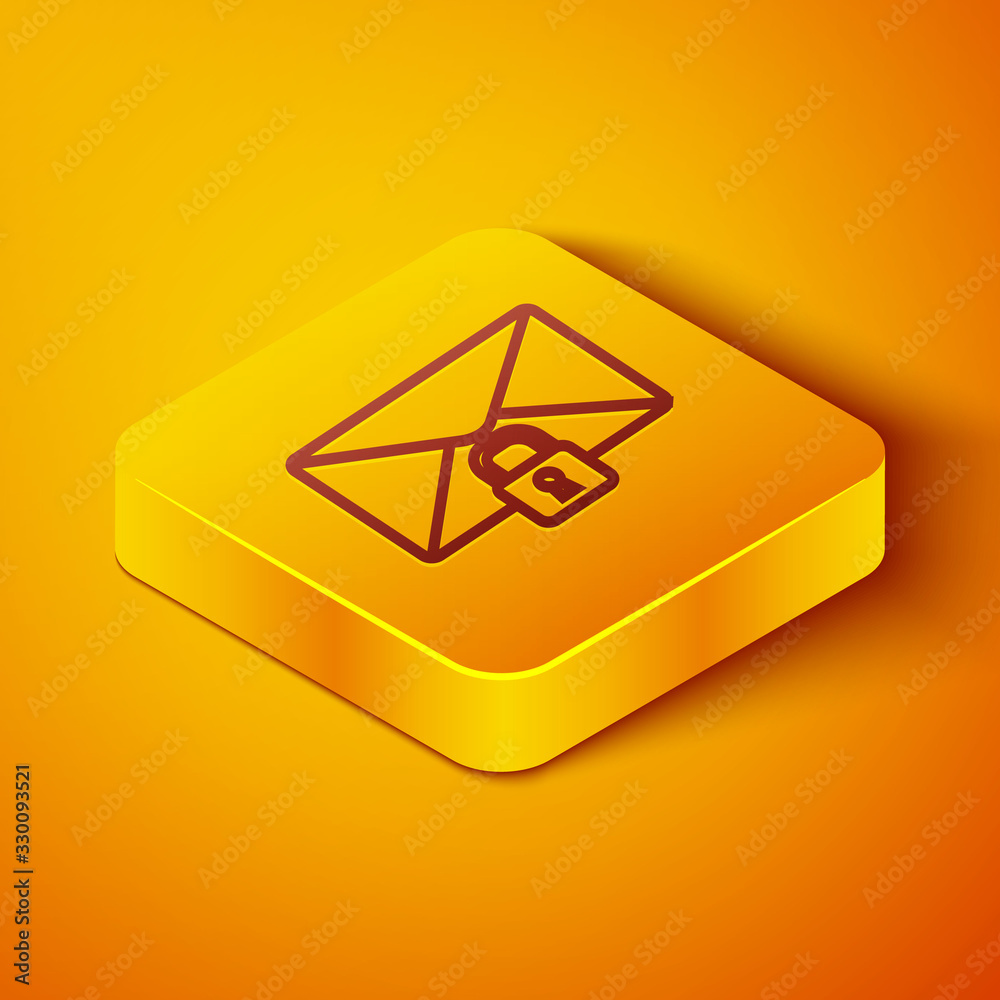 等距线邮件消息锁定密码图标隔离在橙色背景上。带挂锁的信封。
