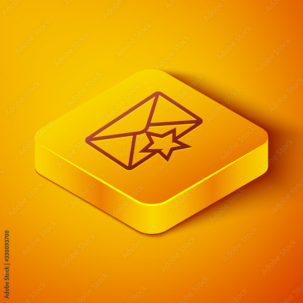等距线信封，橙色背景上隔离有星形图标。重要电子邮件，请添加至收藏夹