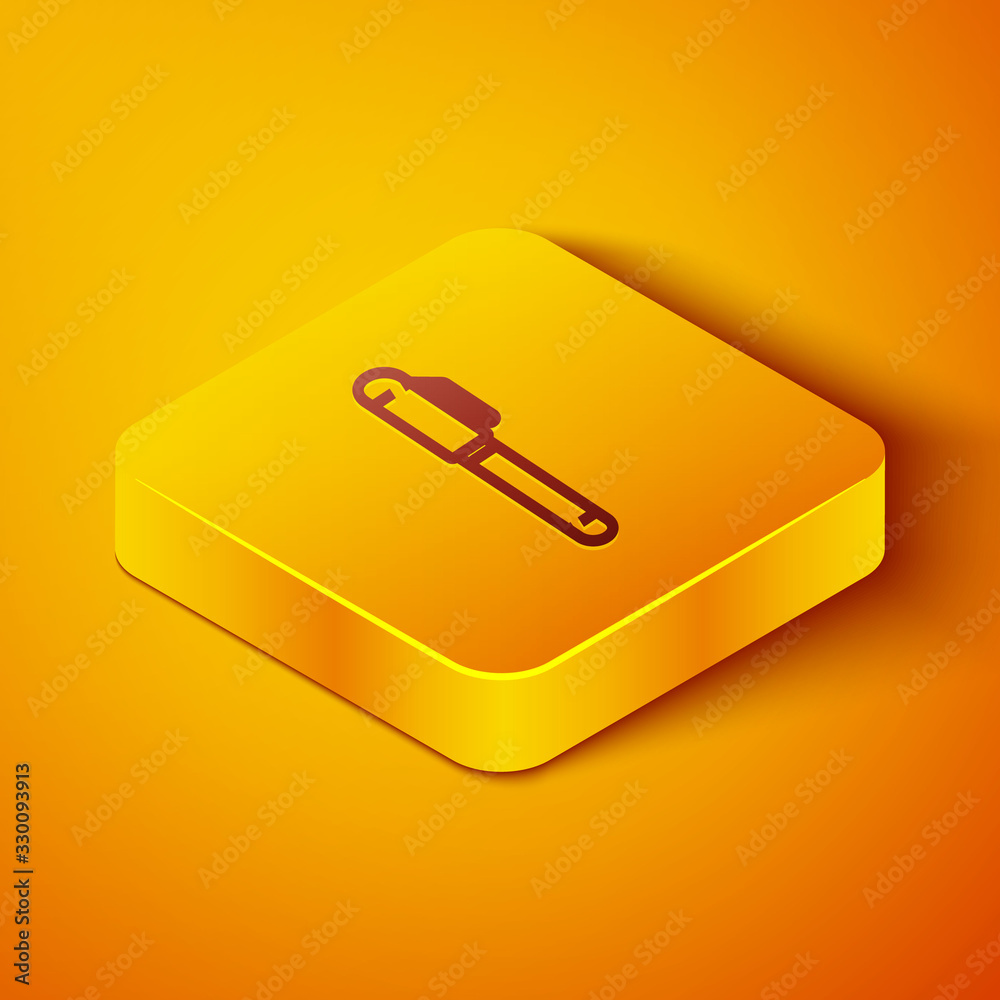 等距线笔图标隔离在橙色背景上。黄色方形按钮。矢量插图