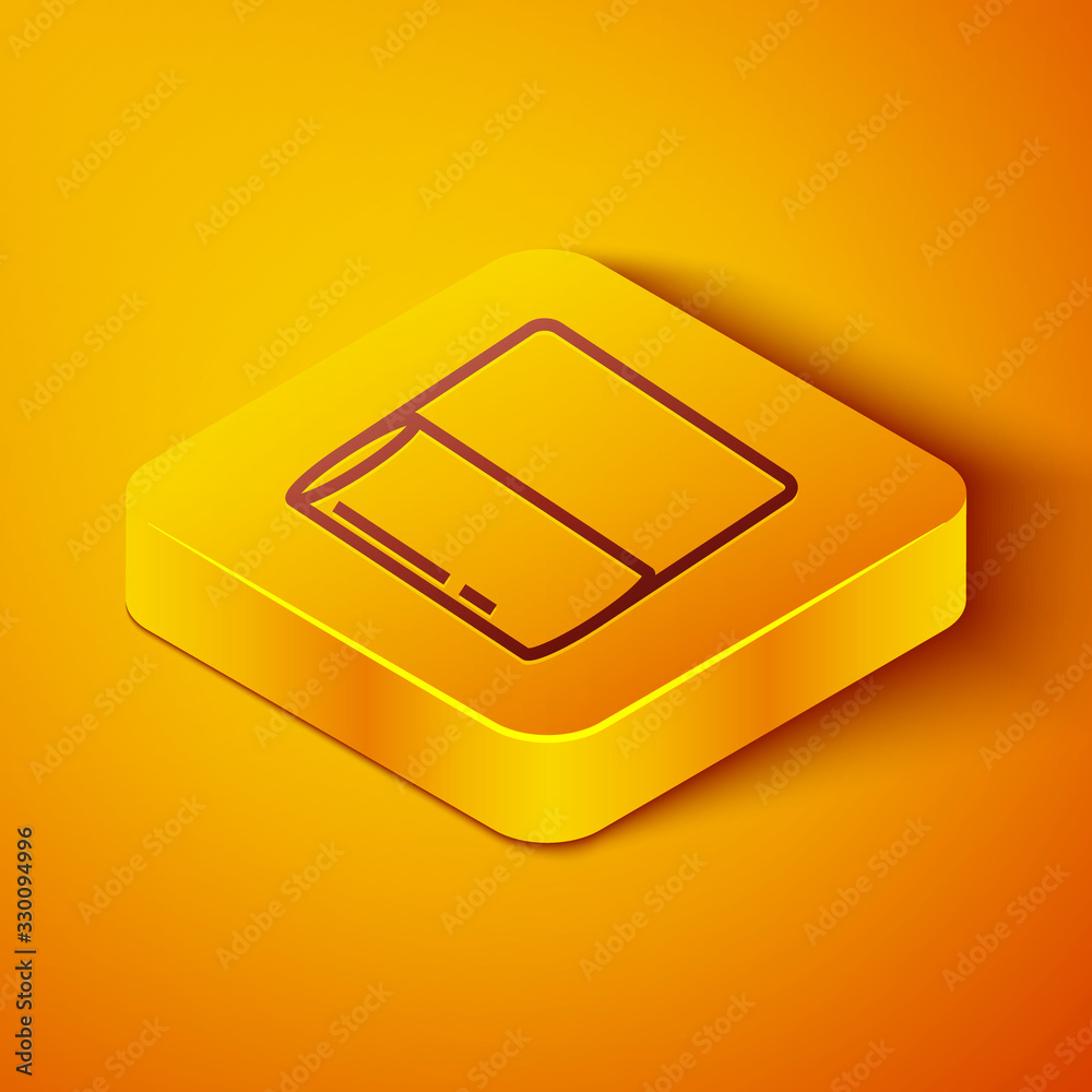 等距线橙色背景上隔离的纸巾卷图标。黄色方形按钮。矢量III