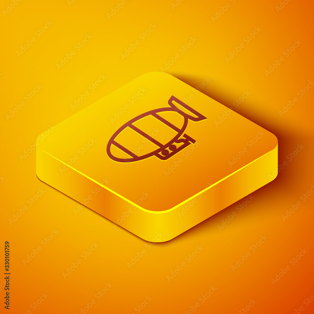 Isometric line Airship icon isolated on orange background. Yellow square button. Vector Illustration