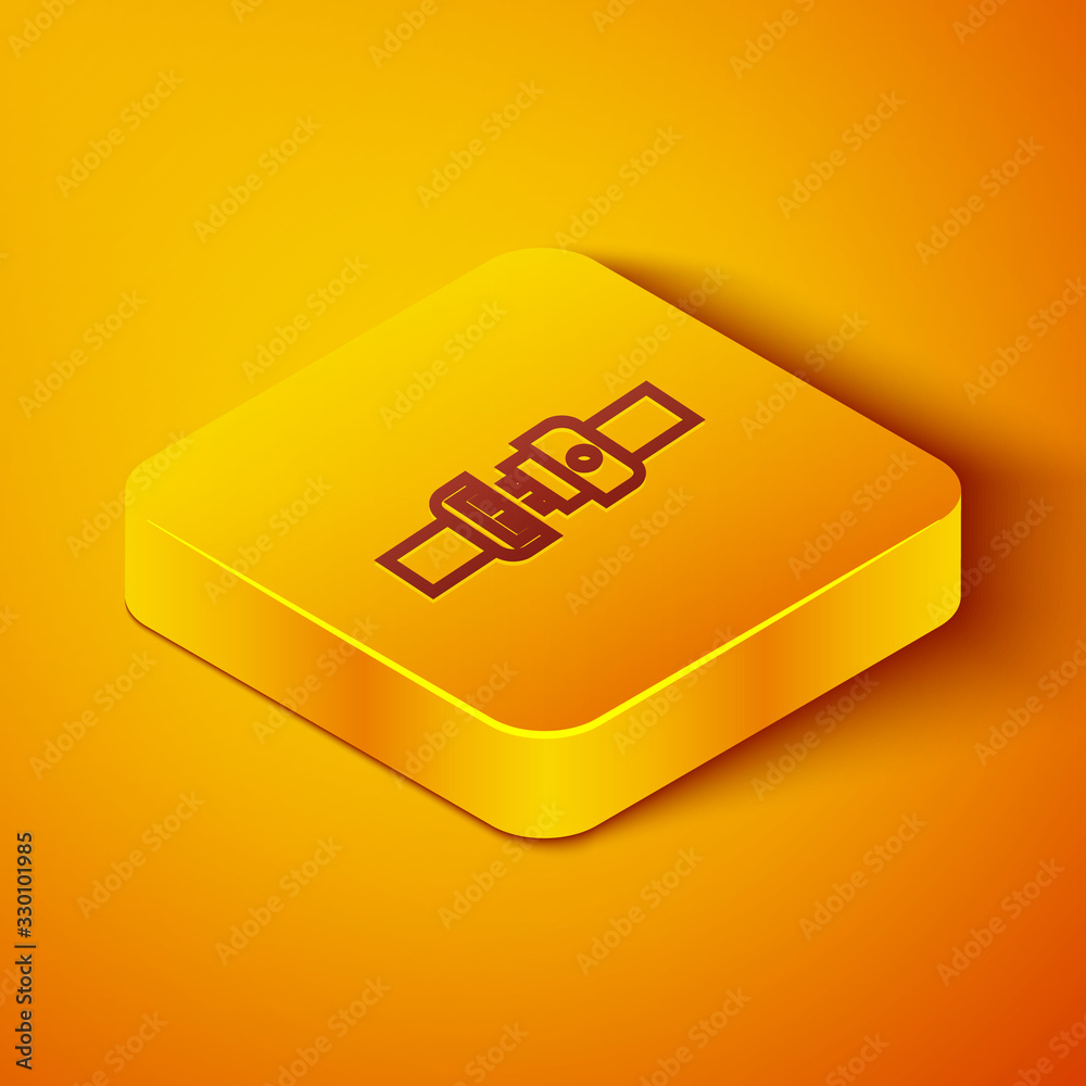 等距线安全带图标隔离在橙色背景上。安全带。黄色方形按钮。Vect