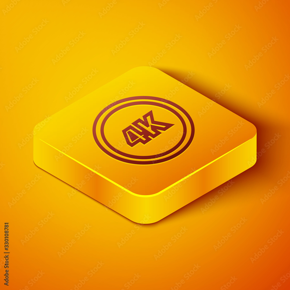 Isometric line 4k Ultra HD icon isolated on orange background. Yellow square button. Vector Illustra