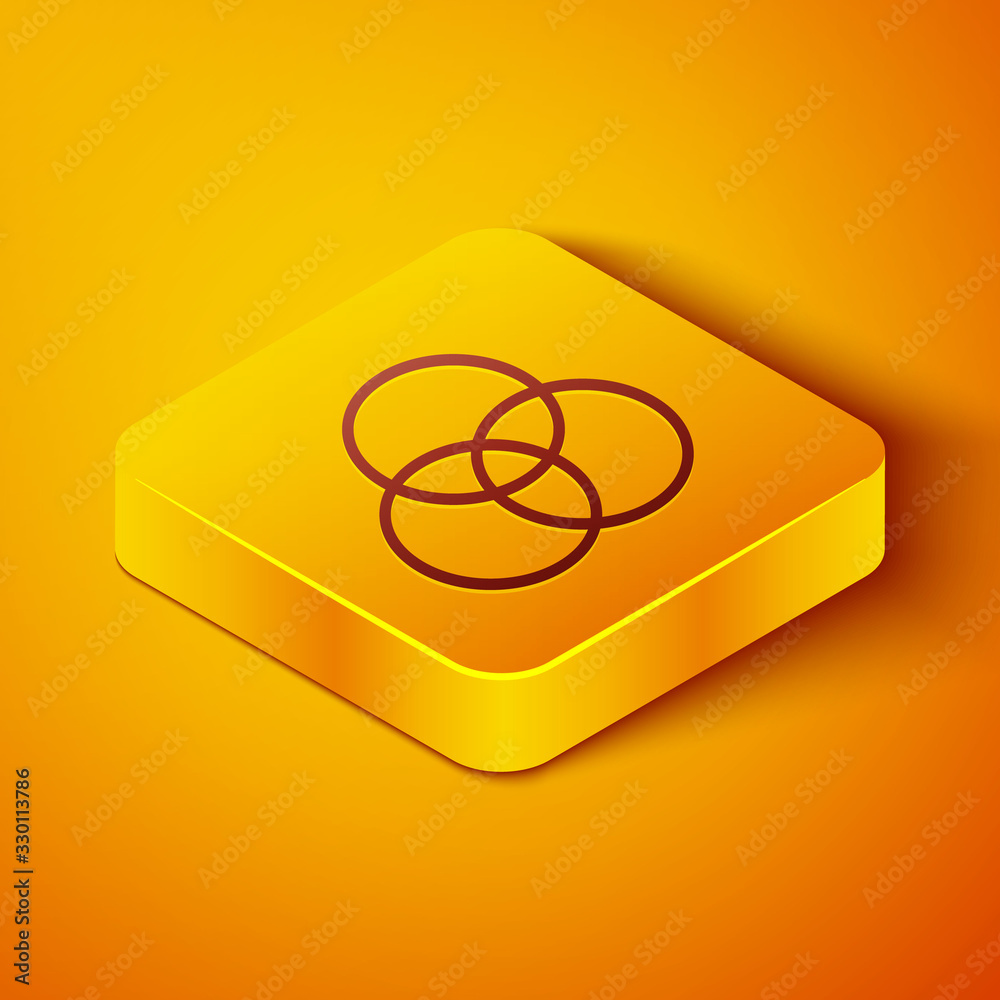 等距线RGB和CMYK颜色混合图标隔离在橙色背景上。黄色方形按钮.V