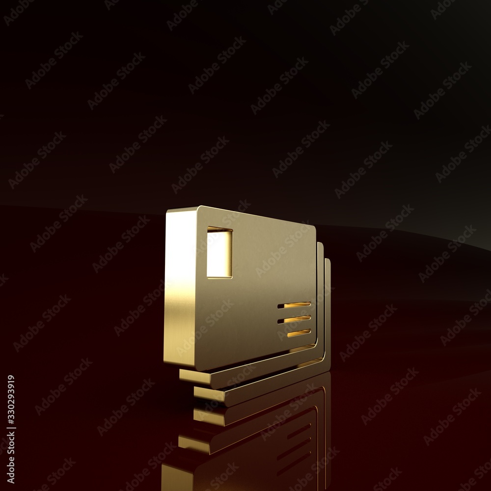 Gold Envelope icon isolated on brown background. Email message letter symbol. Minimalism concept. 3d