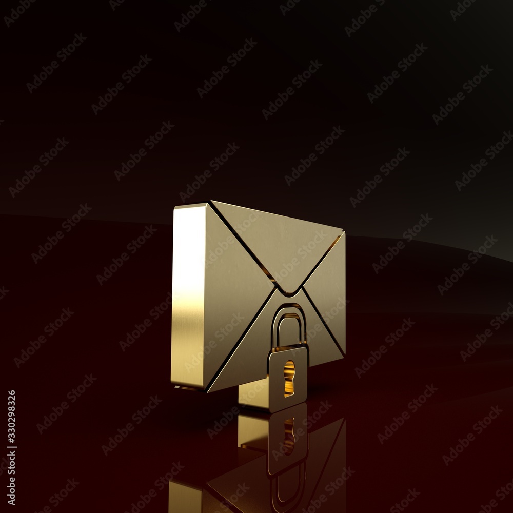 金色邮件邮件锁定密码图标隔离在棕色背景上。带挂锁的信封。私人，s