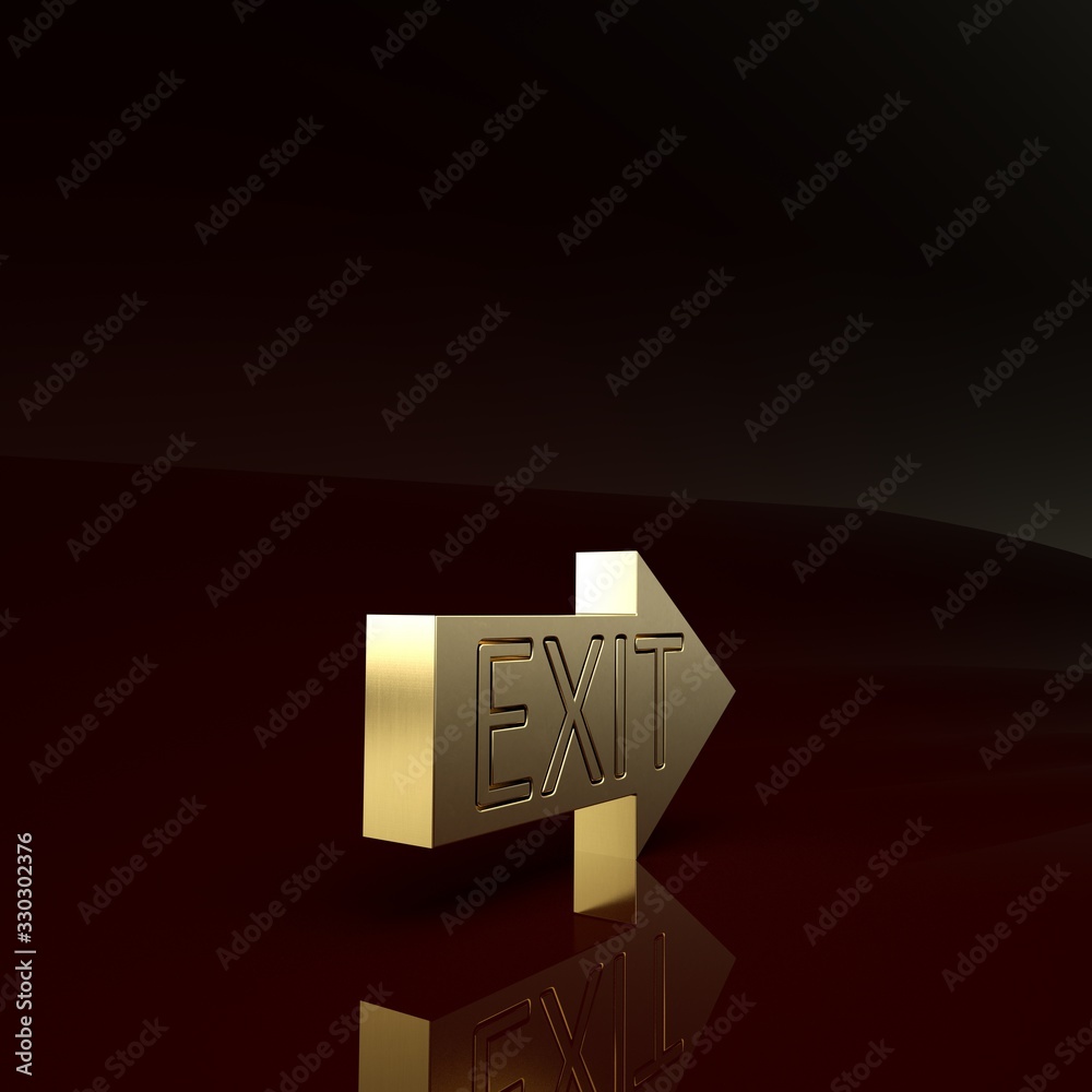 Gold Fire exit icon isolated on brown background. Fire emergency icon. Minimalism concept. 3d illust