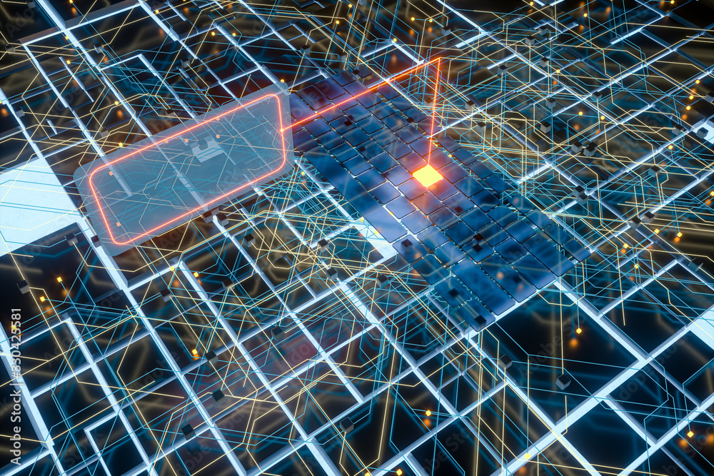 Circuit board and current data, data background, 3d rendering.