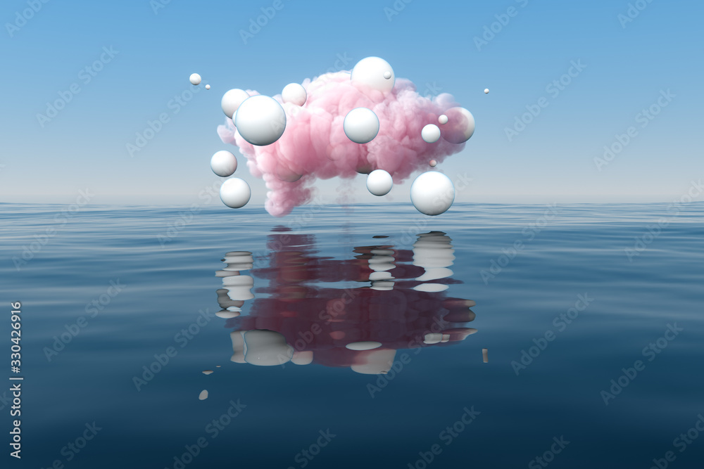 湖面上漂浮的云朵和几何图形，3d渲染。