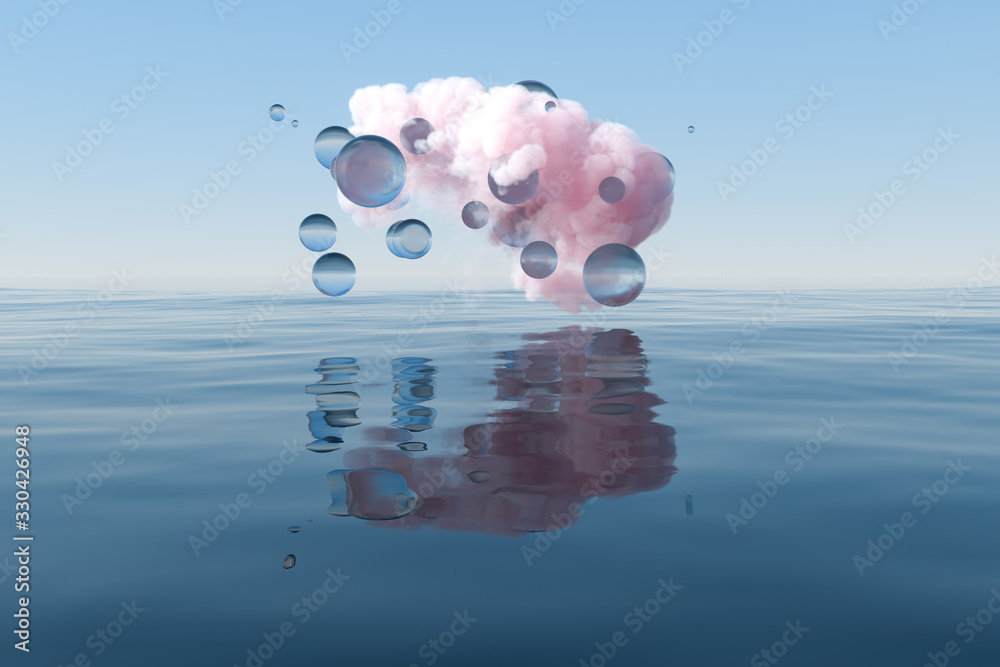 漂浮在湖面上的云朵和几何图形，三维渲染。