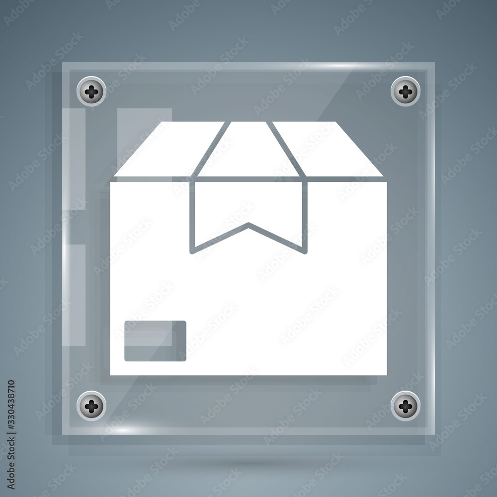白色纸箱纸板箱图标，灰色背景隔离。箱子、包裹、包裹标志。交付和