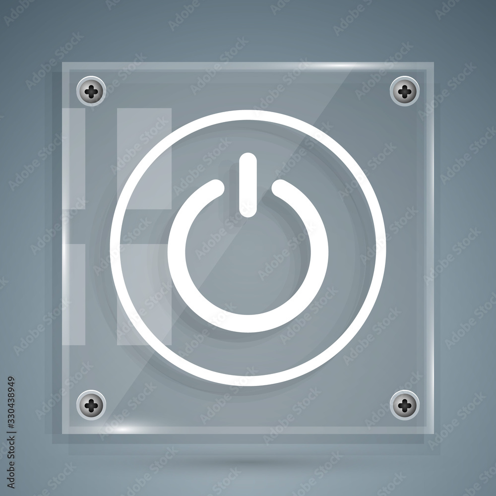 白色电源按钮图标隔离在灰色背景上。启动标志。方形玻璃面板。矢量照明