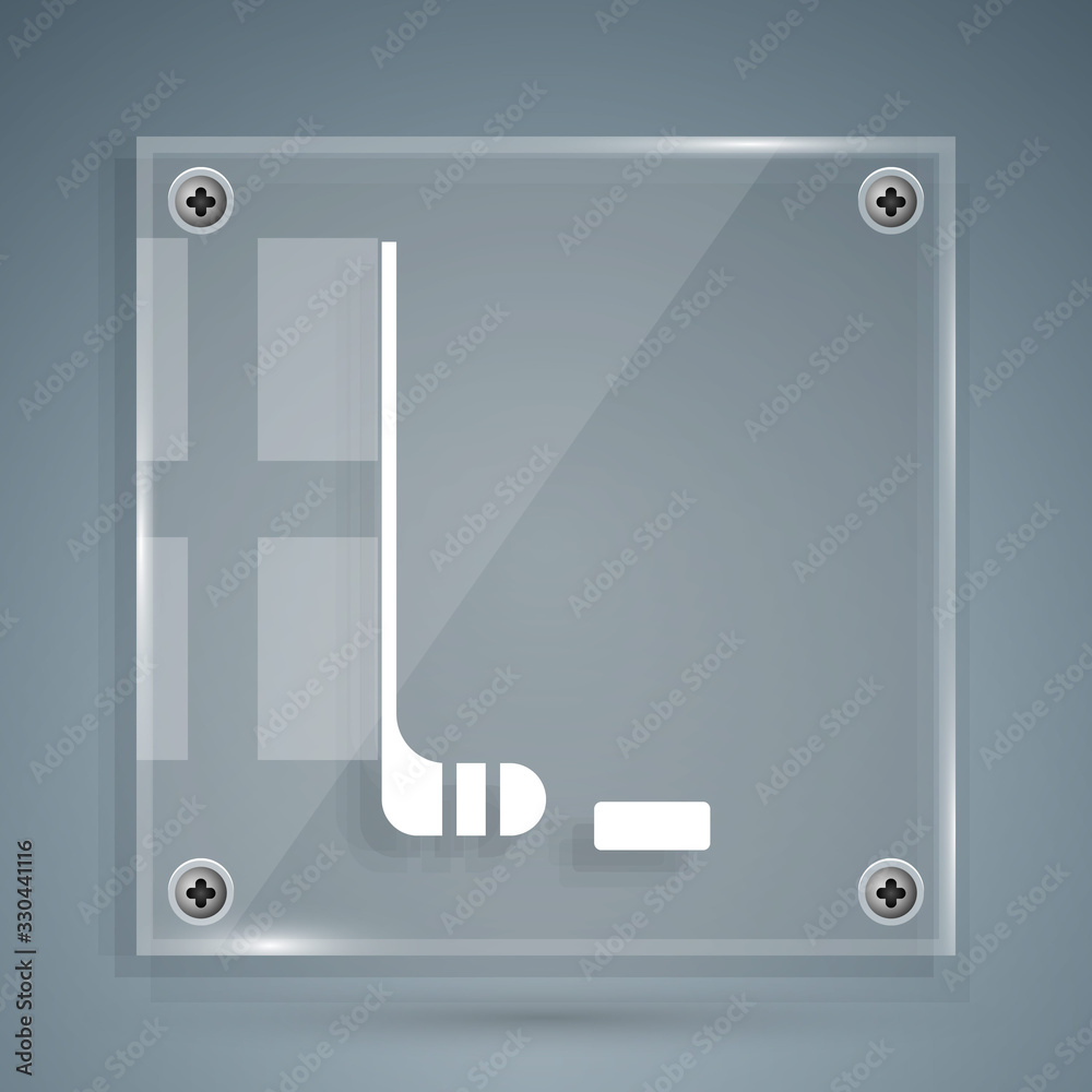 White Ice hockey stick and puck icon isolated on grey background. Square glass panels. Vector Illust