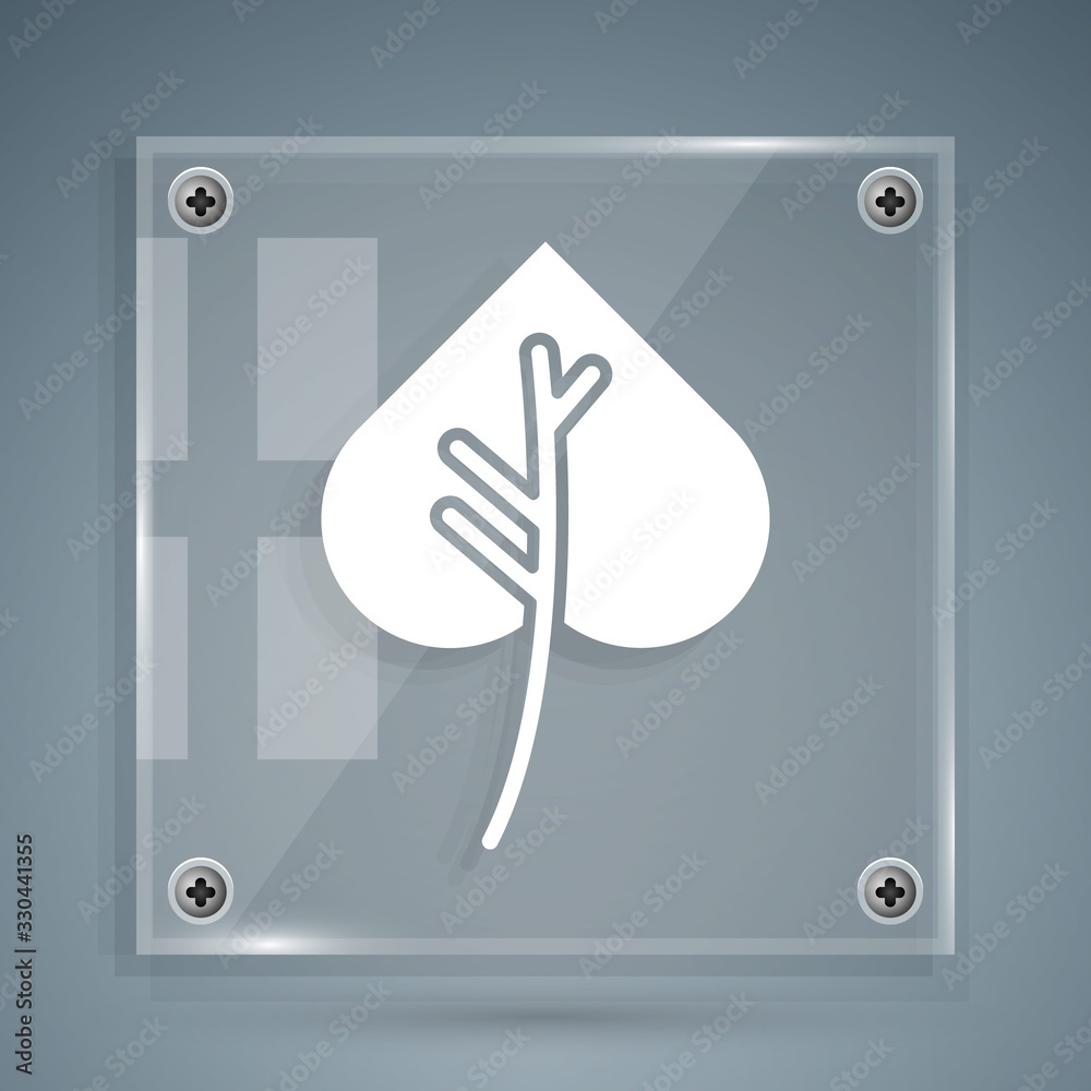 White Leaf icon isolated on grey background. Leaves sign. Fresh natural product symbol. Square glass