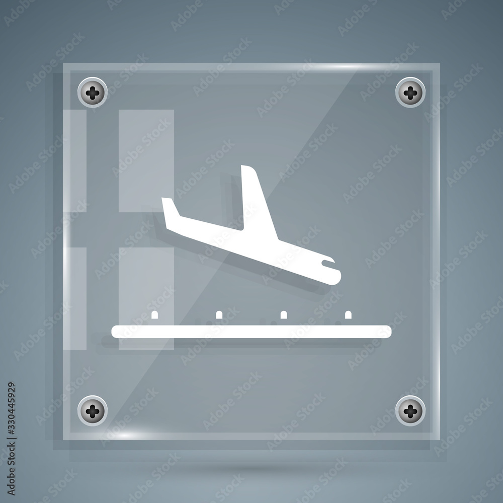 灰色背景上隔离的白色飞机着陆图标。飞机运输符号。方形玻璃面板