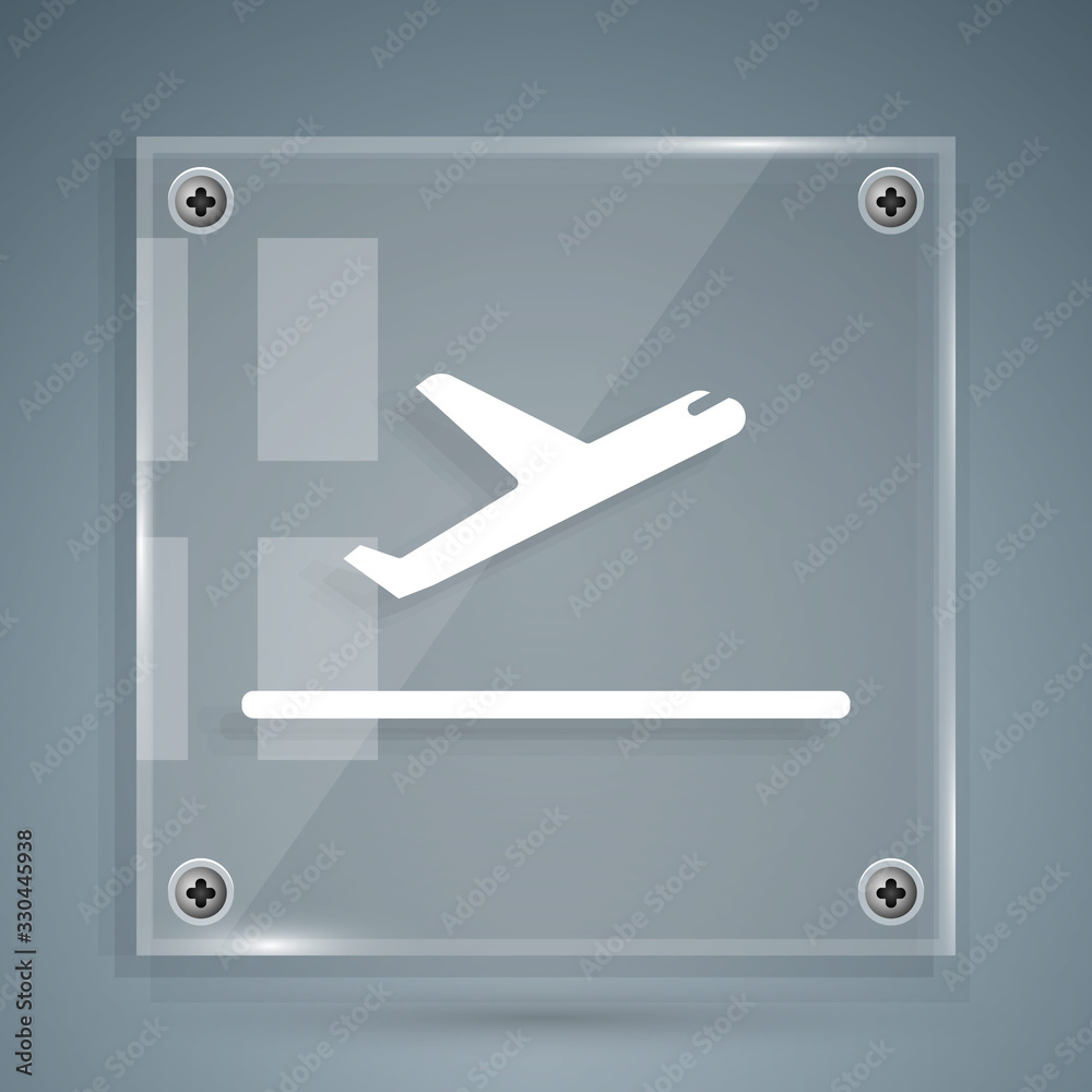 灰色背景上隔离的白色飞机起飞图标。飞机运输符号。方形玻璃面板